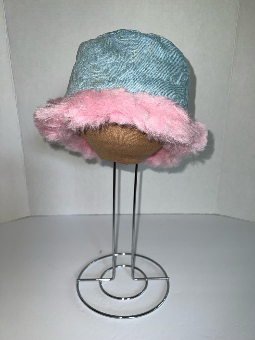 Kids Blue Denim Bucket Hat with Pink Faux Fur Trim